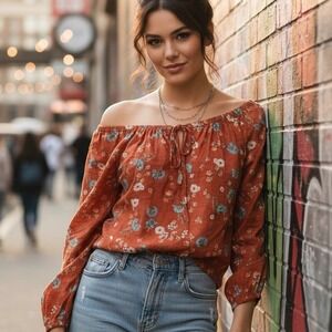 ANA a new approach $48 Small Floral Peasant Blouse Rust Orange Blue Boho Top‎